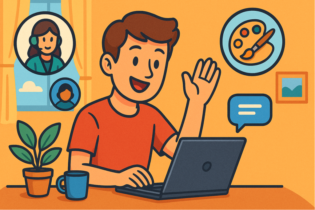 Freelance & microservices en ligne : travailler depuis chez soi facilement Illustration cartoon d’un freelance souriant travaillant sur son ordinateur avec des icônes de microservices autour de lui