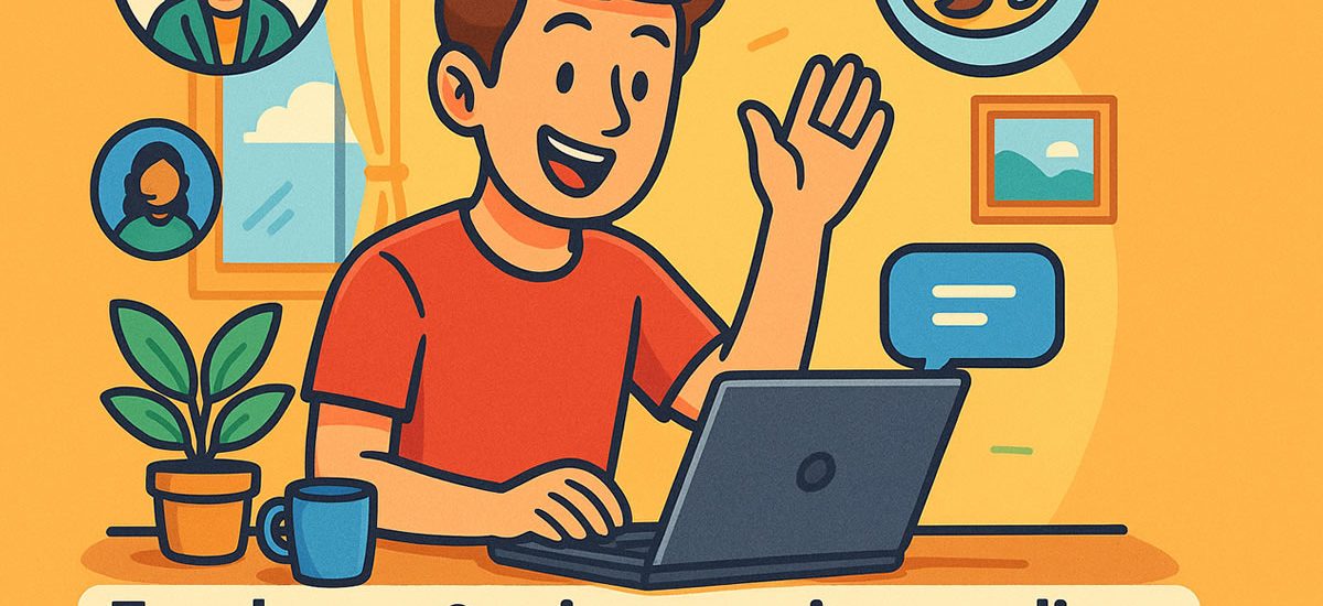 Illustration cartoon d’un freelance travaillant en ligne avec des icônes de microservices autour de lui