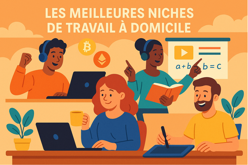 Les meilleures niches de travail à domicile en 2025 Illustration cartoon de plusieurs travailleurs freelance représentant les meilleures niches du travail à domicile