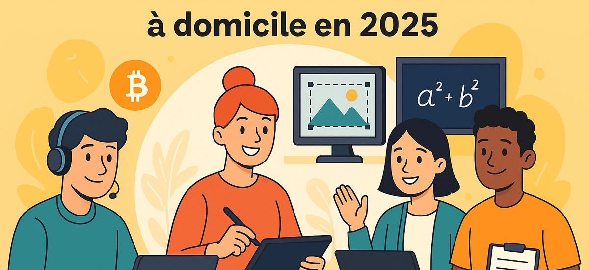 Illustration cartoon de différents métiers du travail à domicile comme la crypto, le graphisme, l’enseignement et le freelancing