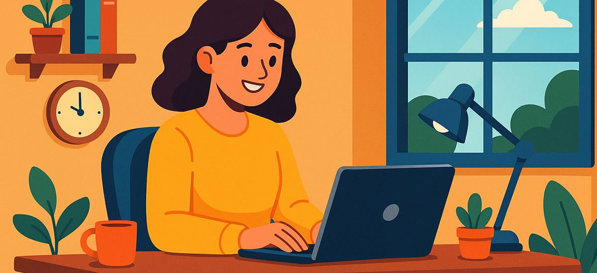 Illustration cartoon d’une femme travaillant sur son ordinateur à domicile avec une ambiance chaleureuse et professionnelle