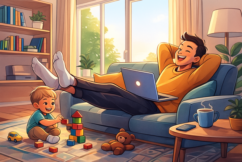 Illustration cartoon d’un homme en télétravail détendu avec son enfant jouant à ses côtés dans le salon
