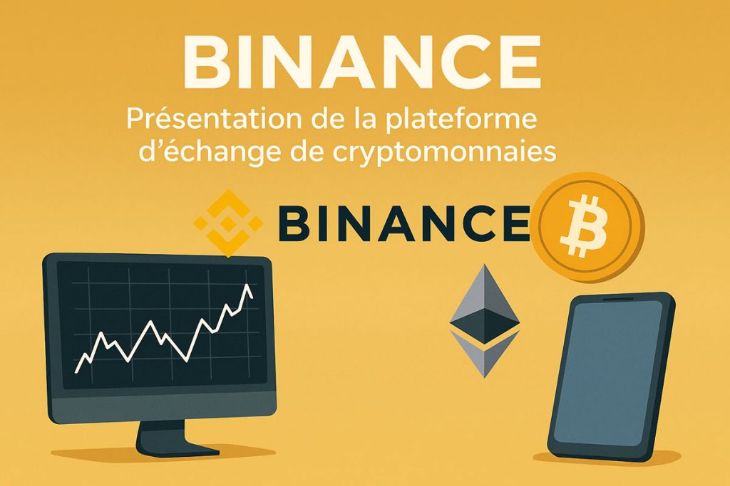 Présentation de la plateforme crypto Binance avec interface de trading, Bitcoin et Ethereum
