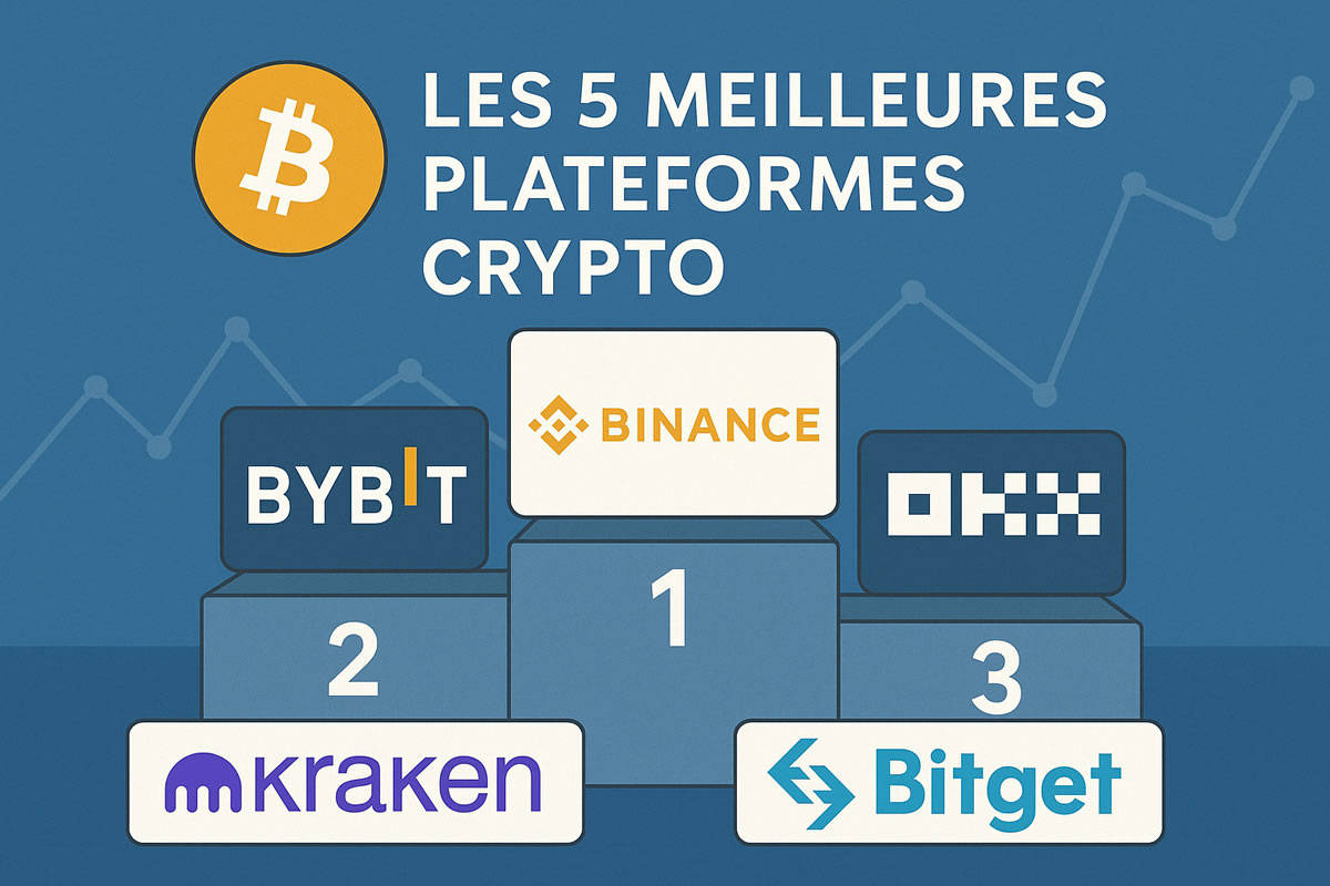 Logos des plateformes crypto Binance, Bybit, OKX, Kraken et Bitget 