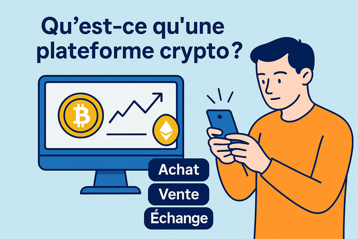 Illustration expliquant ce qu’est une plateforme crypto avec achat, vente et échange de cryptomonnaies
