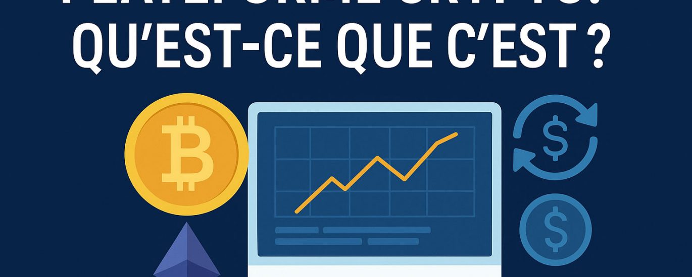 Illustration expliquant ce qu’est une plateforme crypto avec graphiques de trading et symboles Bitcoin et Ethereum