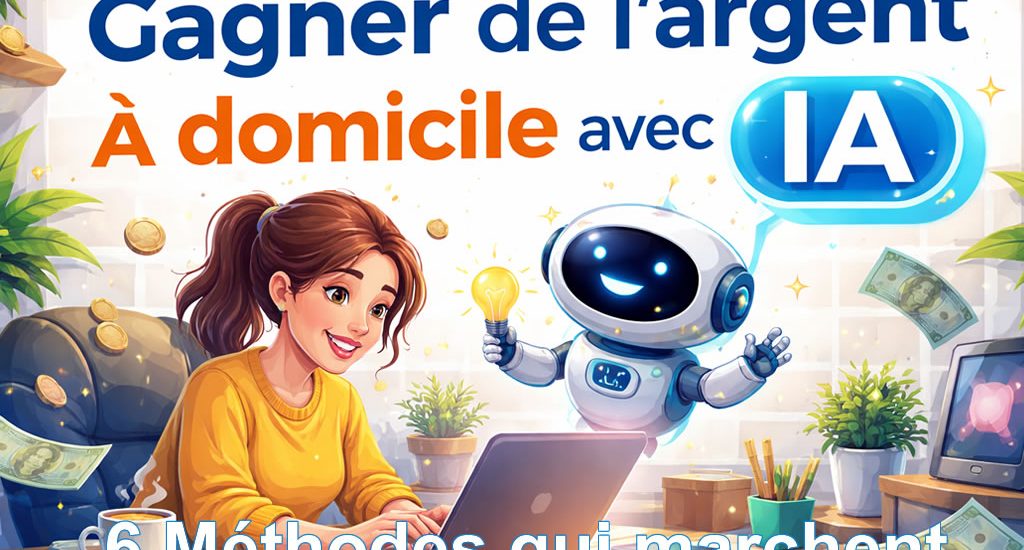 Femme travaillant à domicile avec un robot IA et les 6 méthodes pour gagner de l’argent illustrées autour d’elle