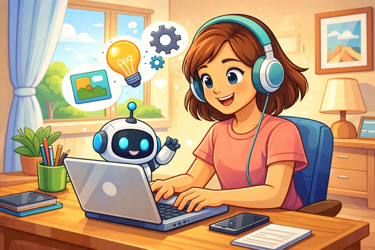 Productivité et SEO avec l’IA – Travail à domicile illustré Illustration cartoon d’un freelance travaillant avec un robot IA et des icônes de productivité et SEO.