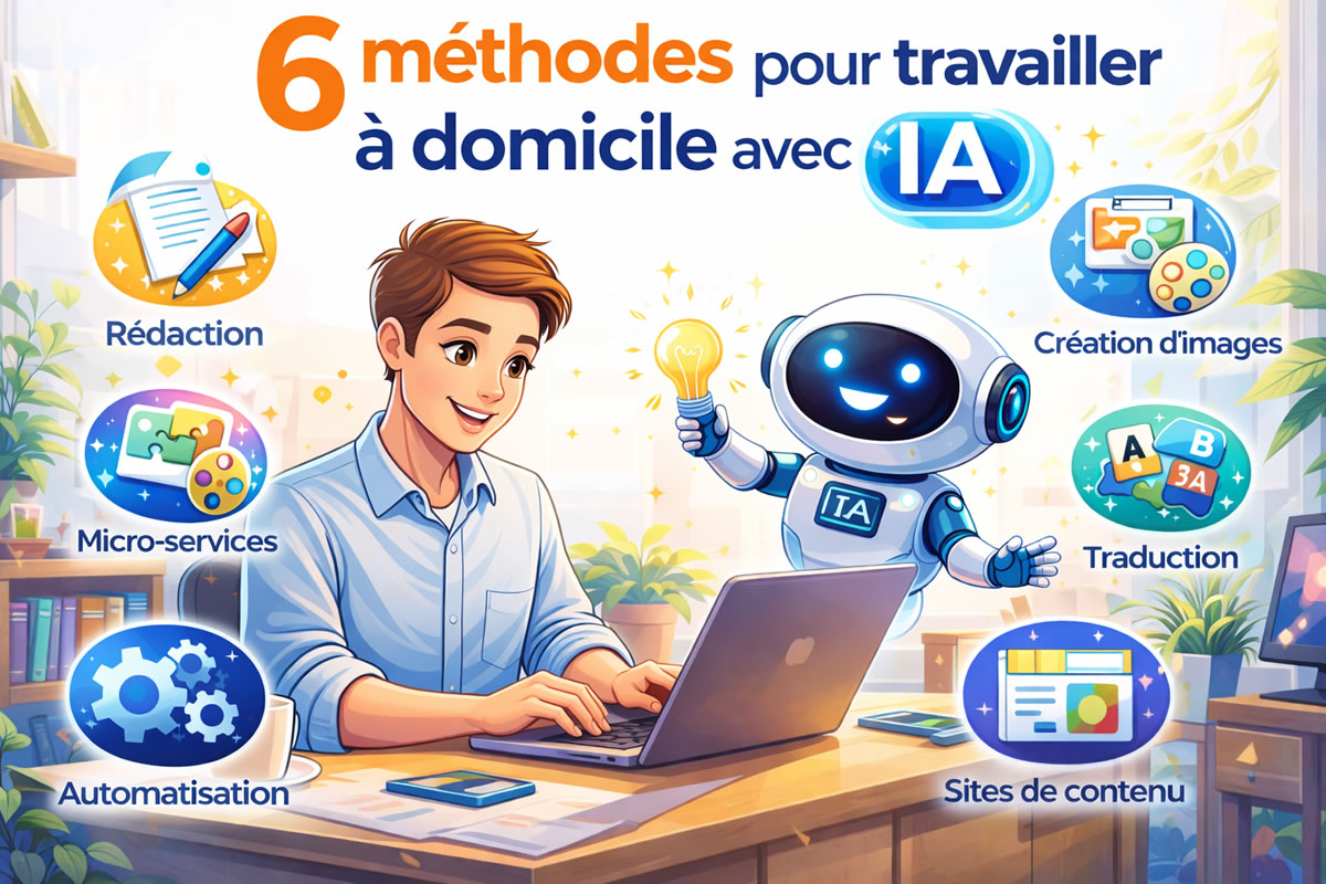 Homme travaillant à domicile avec un robot IA et les 6 méthodes pour gagner de l’argent représentées autour de lui