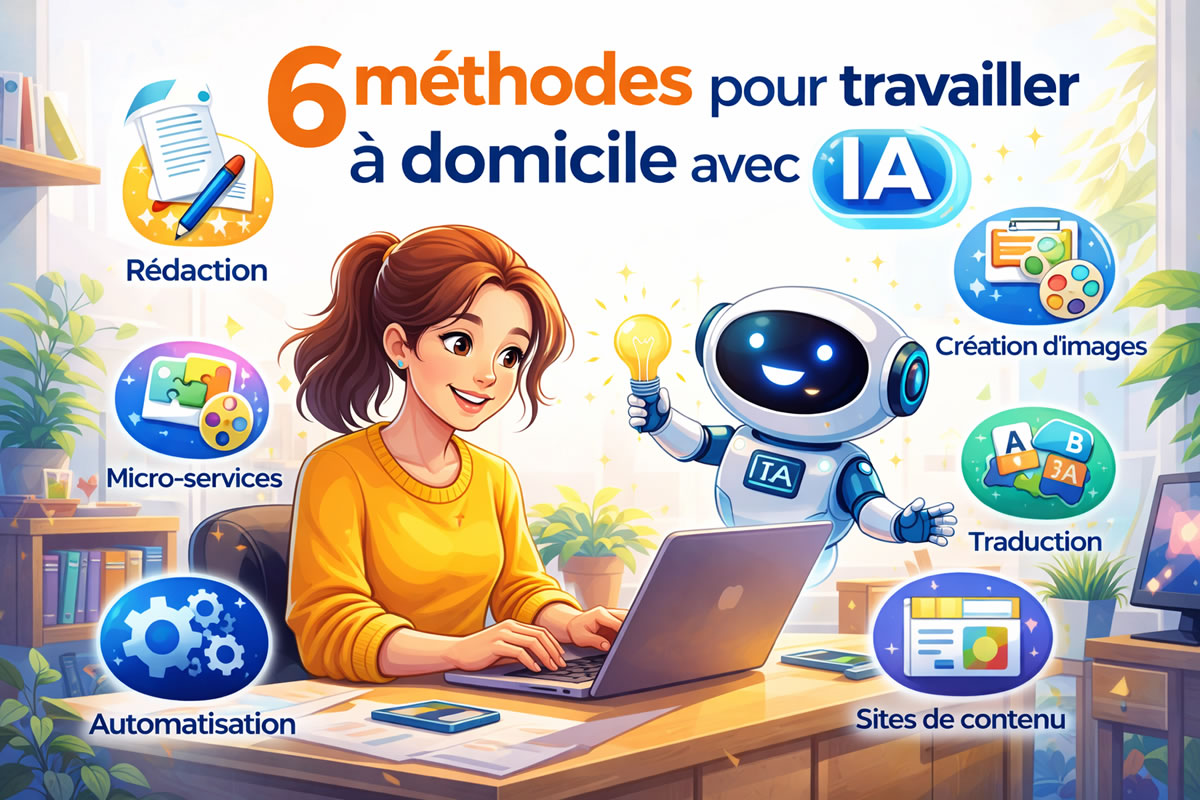 Femme travaillant avec un robot IA et les six méthodes pour gagner de l’argent représentées autour d’eux