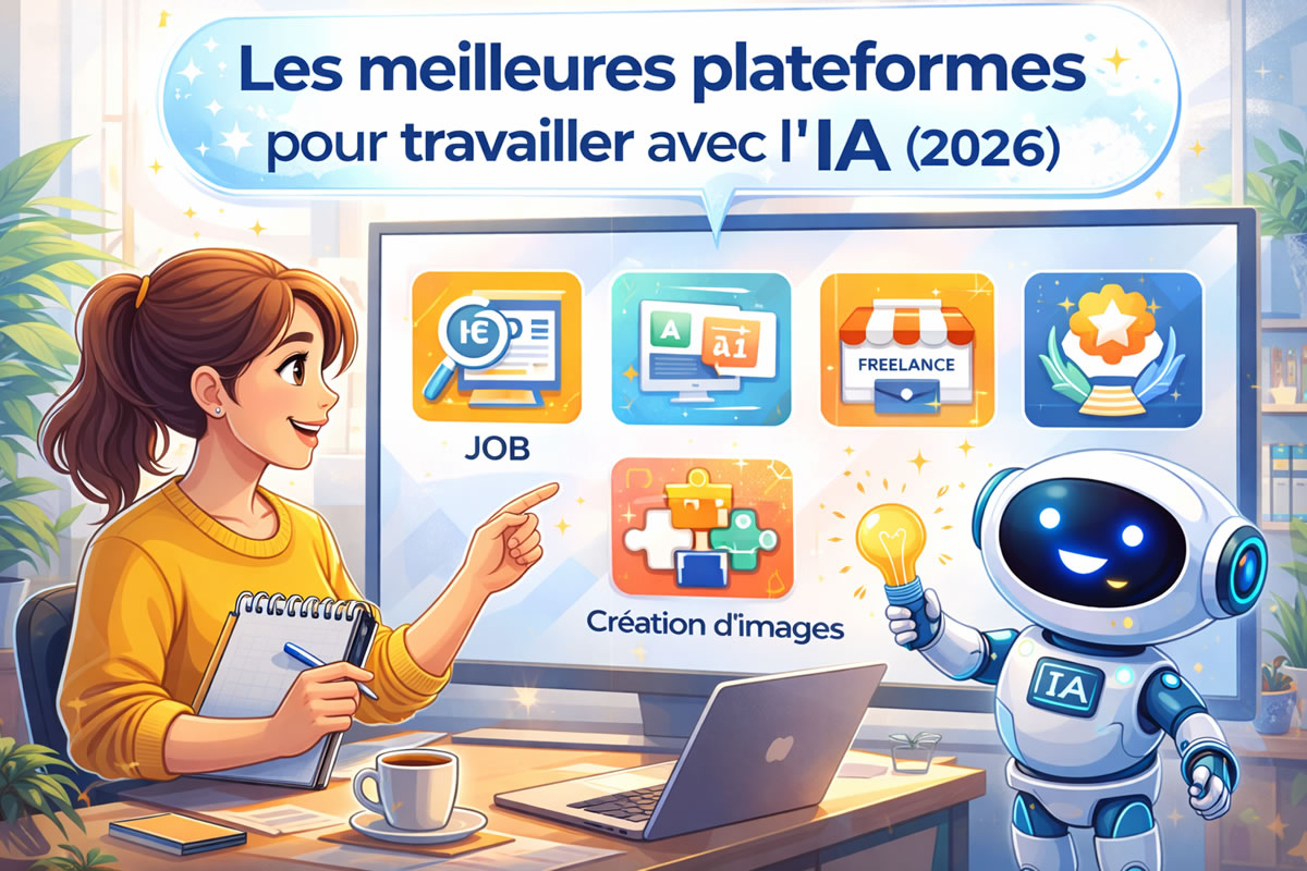 Plateformes d’emploi IA – Illustration d’une femme recherchant un travail à domicile avec l’IA Femme recherchant des plateformes d’emploi en IA avec un robot assistant