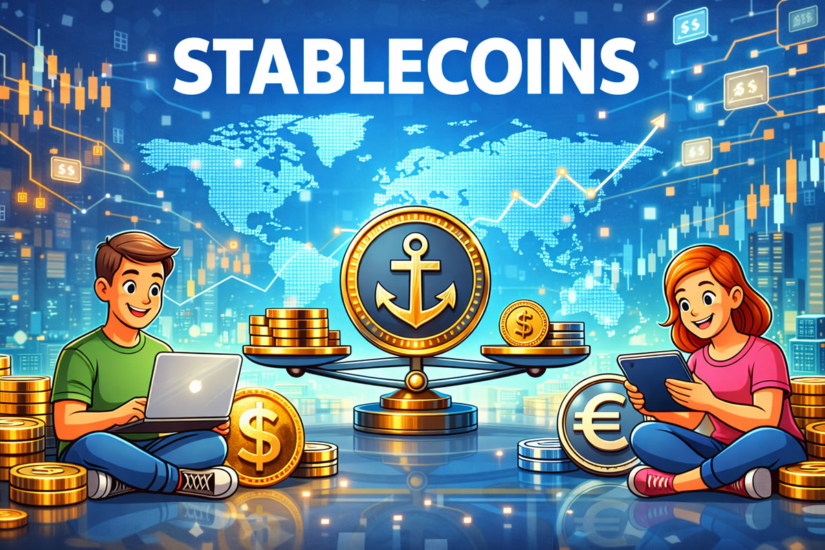 Stablecoins : monnaies numériques stables et opportunités de travail à domicile Illustration représentant les stablecoins comme des monnaies numériques stables utilisées pour les paiements et le travail à domicile