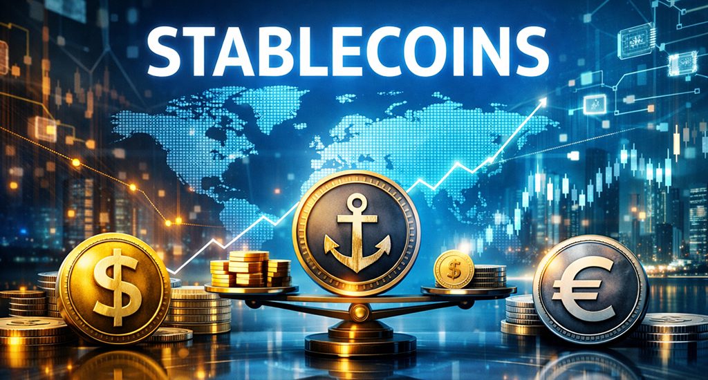 Illustration représentant les stablecoins ou cryptomonnaies stables comme des monnaies numériques stables et comment travailler avec à domicile