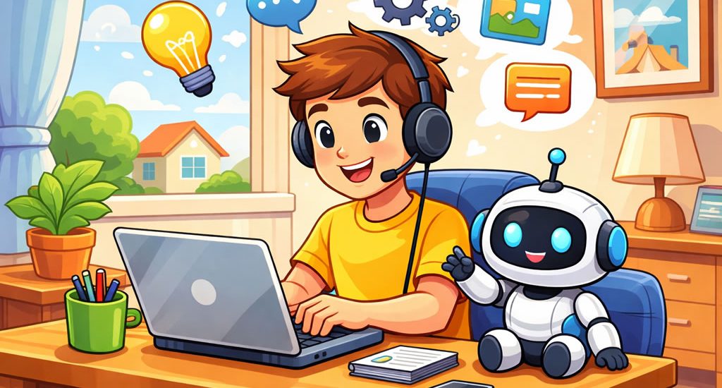 Illustration cartoon d’un jeune homme travaillant à domicile avec un petit robot d’intelligence artificielle