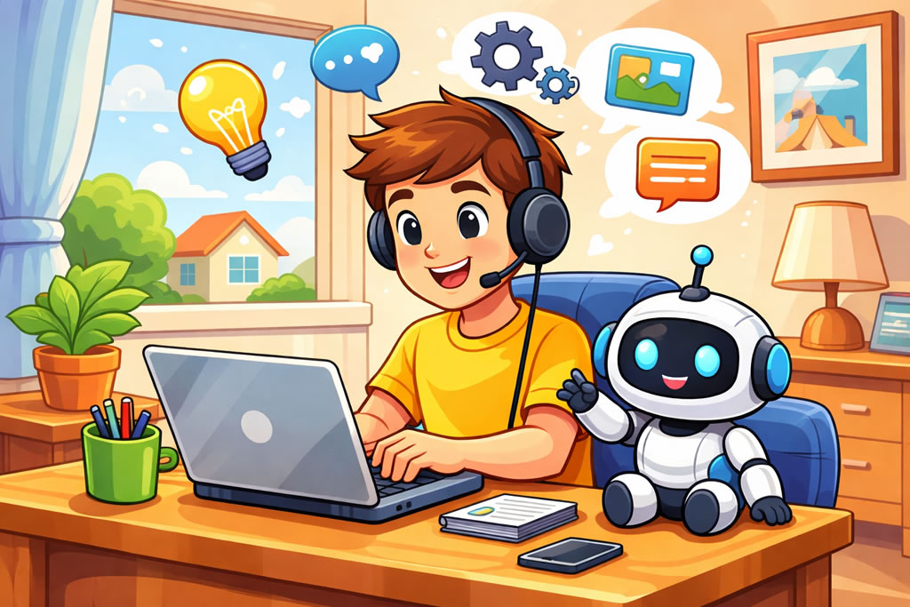 Travailler depuis la maison avec l’IA – comment gagner de l'argent Illustration cartoon d’un jeune homme travaillant à domicile avec un petit robot d’intelligence artificielle