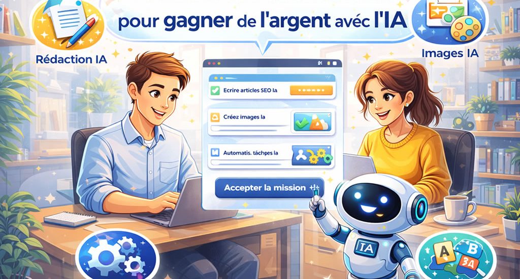 Homme et femme travaillant à domicile avec un robot IA et plusieurs missions IA illustrées autour d’eux